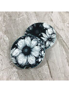 Black & White Boho Floral Sandstone Car Coasters